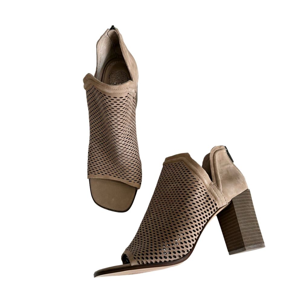 Vince Camuto Katnina Truffle Taupe Perforated
Nubuck Open Toe Booties Size 10
